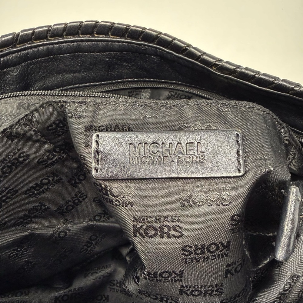 Michael Kors MK Logo Jacquard Hobo Shoulder Bag Black Tan Tassel Charm - Picture 13 of 16